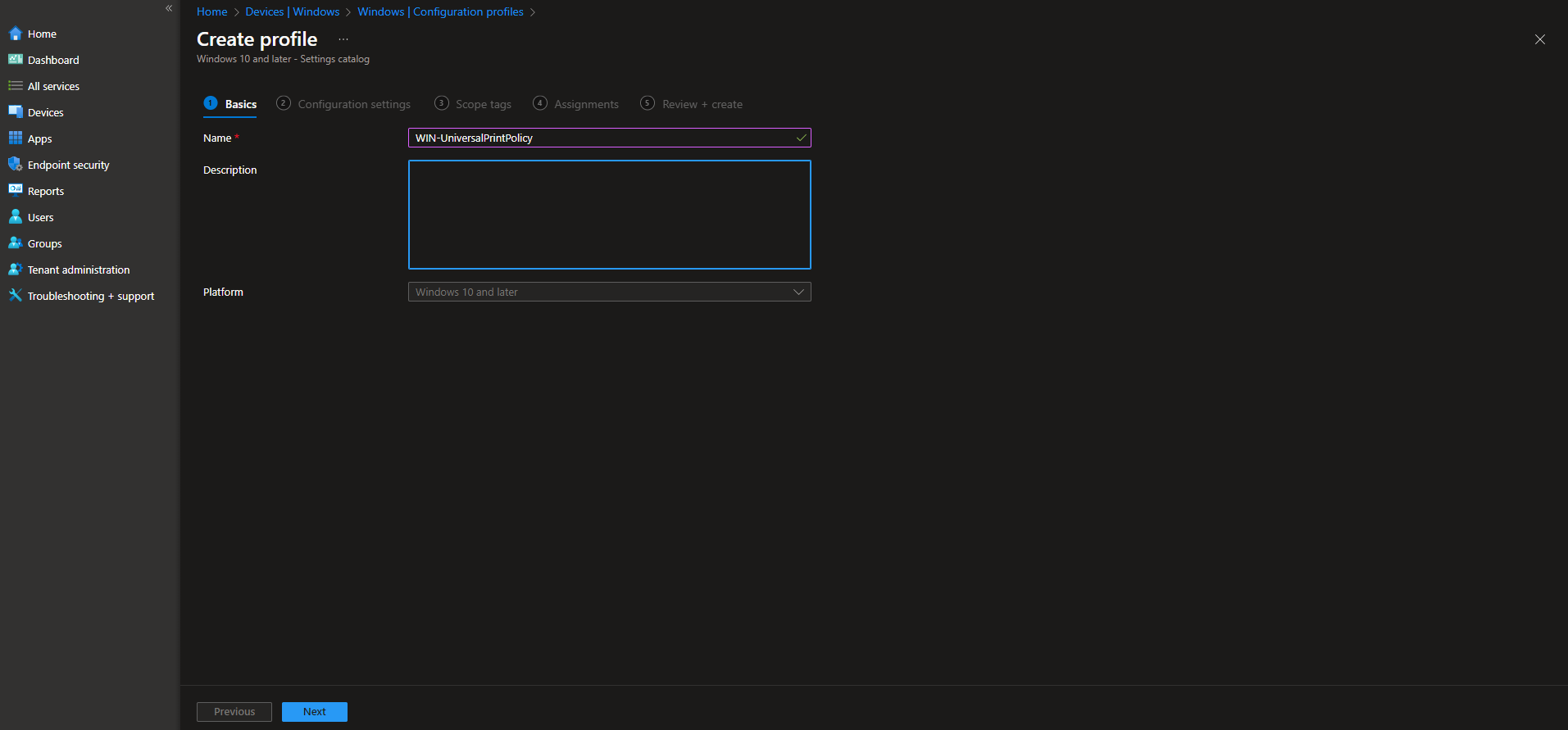 Configuring the Basics tab with profile name and description
